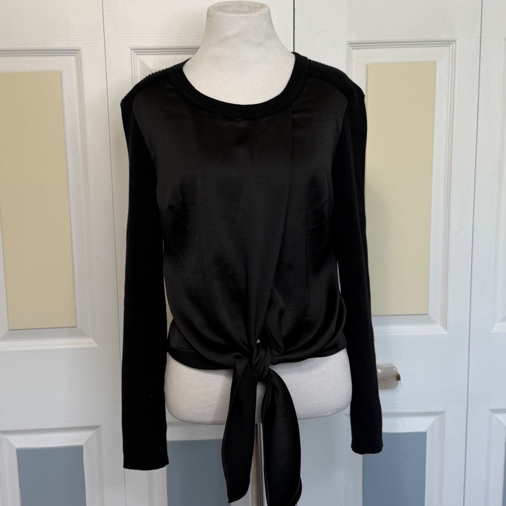 Cabi 4288 Cross Tie Pullover Black Satin Contrast Knit‎ Sweater Women's XS